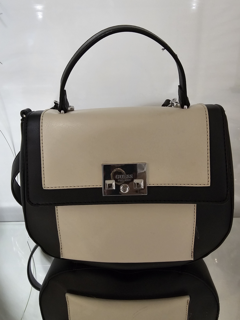 GUESS Black & Cream Structured Top-Handle Satchel